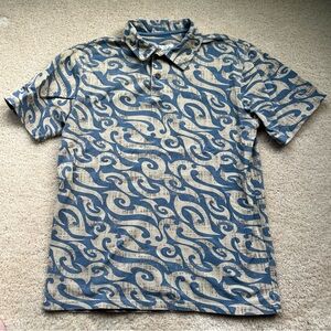 CRAZY SHIRTS HAWAIIAN POLO Men’s Blue Tan Wave Print Polo Shirt - Size M - VGUC